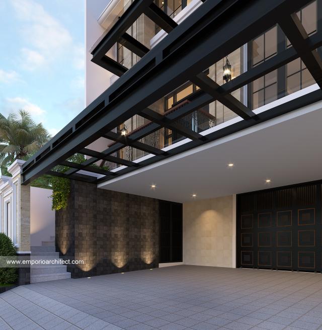 Desain Tampak Detail Depan Rumah Klasik Modern 3.5 Lantai Bapak Indra di Kepala Gading, Jakarta Utara