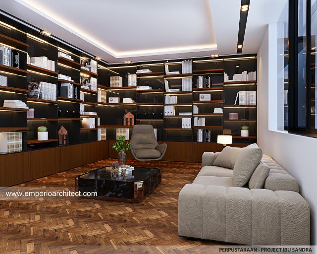 Desain Ruang Perpustakaan Rumah Modern 3.5 Lantai Ibu Sandra di Jakarta Timur