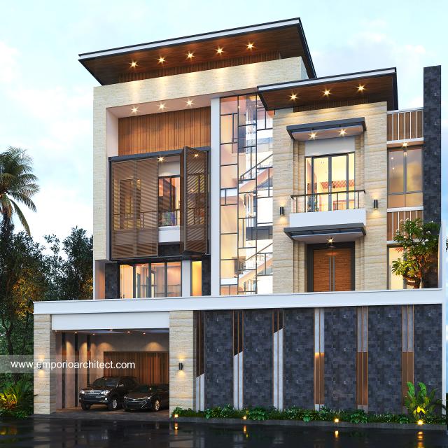 Desain Tampak Depan 2 Rumah Modern 3.5 Lantai Ibu CND di Jakarta Barat