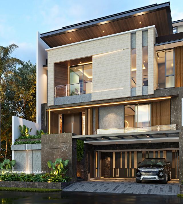 Desain Rumah Modern 3.5 Lantai Ibu KRM di Jakarta Selatan - Tampak Depan