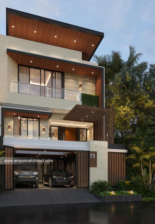 Desain Rumah Modern 3.5 Lantai Bapak DVI di Jakarta Barat - Tampak Depan