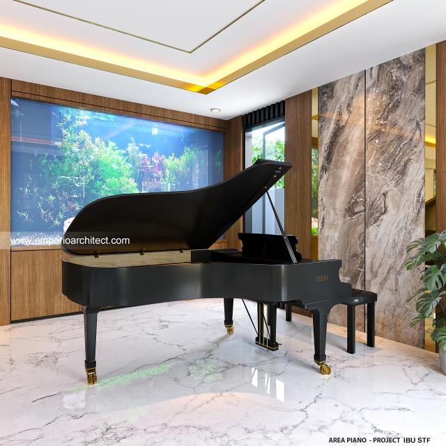 Desain Area Piano Rumah Modern 4 Lantai Ibu STF di Bali