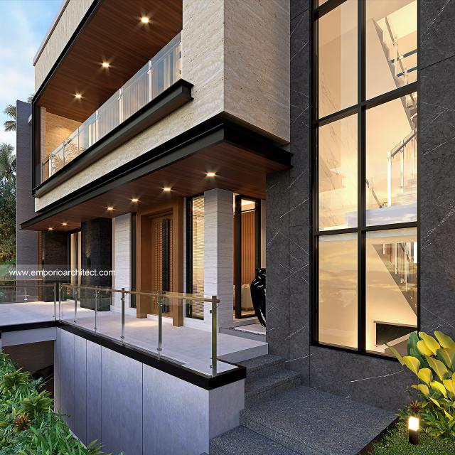 Desain Tampak Detail Depan 3 Rumah Modern 4 Lantai Mr. A di Jakarta Barat