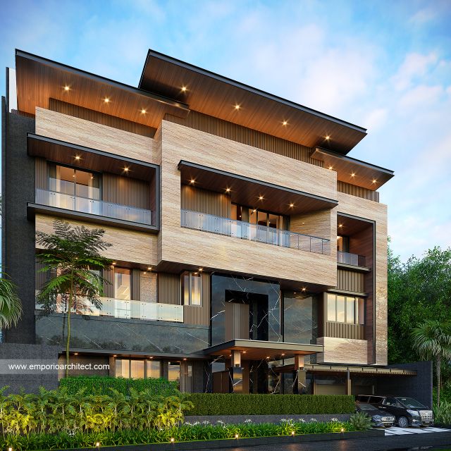 Desain Tampak Depan 2 Rumah Modern 4 Lantai Bapak RCL di Balikpapan, Kalimantan Timur