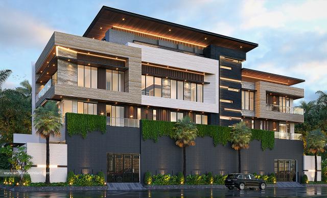 Desain Tampak Samping Kiri Rumah Modern 4 Lantai Ibu AFG di Jakarta