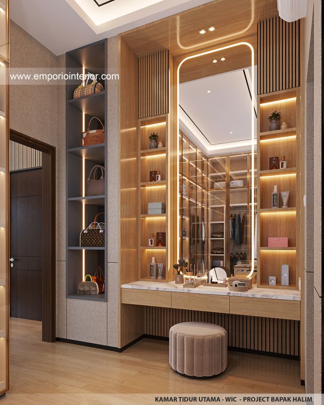 Desain Walk In Closet Kamar Tidur Utama Rumah Modern 4 Lantai Bapak HLM di Jakarta Barat