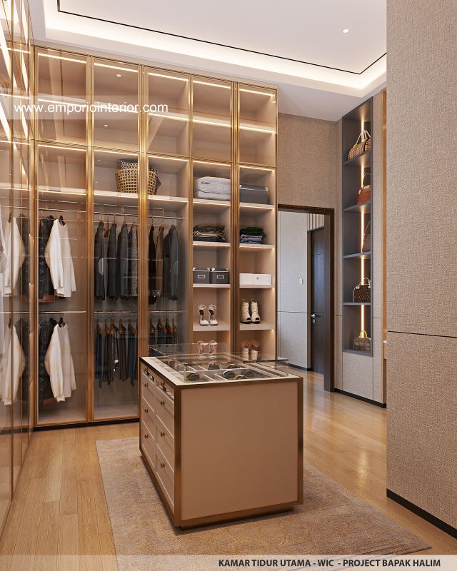 Desain Walk In Closet Kamar Tidur Utama Rumah Modern 4 Lantai Bapak HLM di Jakarta Barat