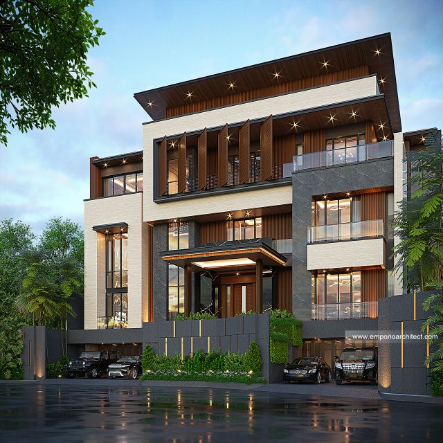 Desain Tampak Depan 2 Rumah Modern 4 Lantai Mrs. K di Jakarta Utara