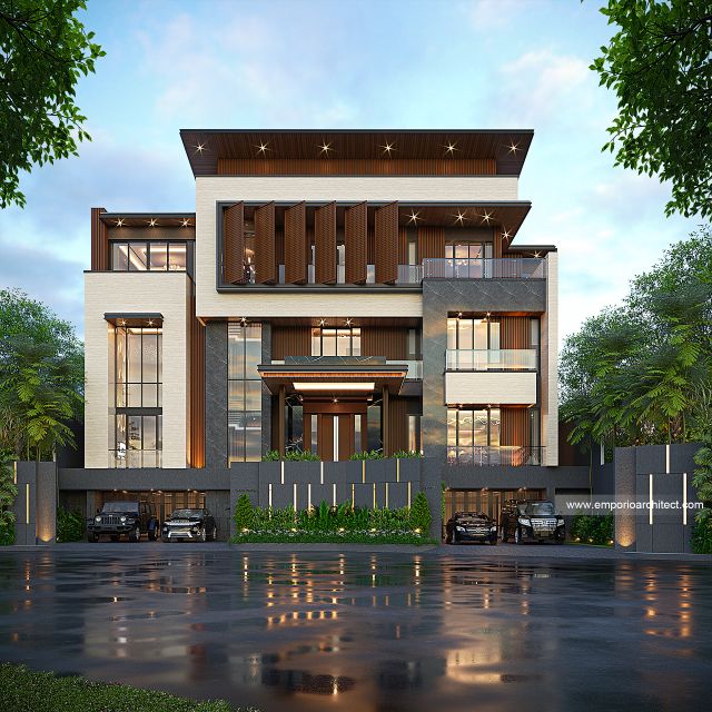 Desain Tampak Depan 3 Rumah Modern 4 Lantai Mrs. K di Jakarta Utara