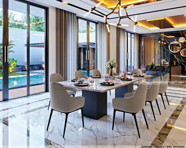 Desain Ruang Makan Rumah Modern 4 Lantai Mrs. Natasha di Jakarta