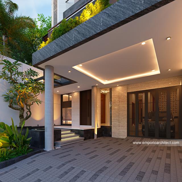 Desain Tampak Detail Depan Rumah Modern 4 Lantai Bapak TNY di Jakarta