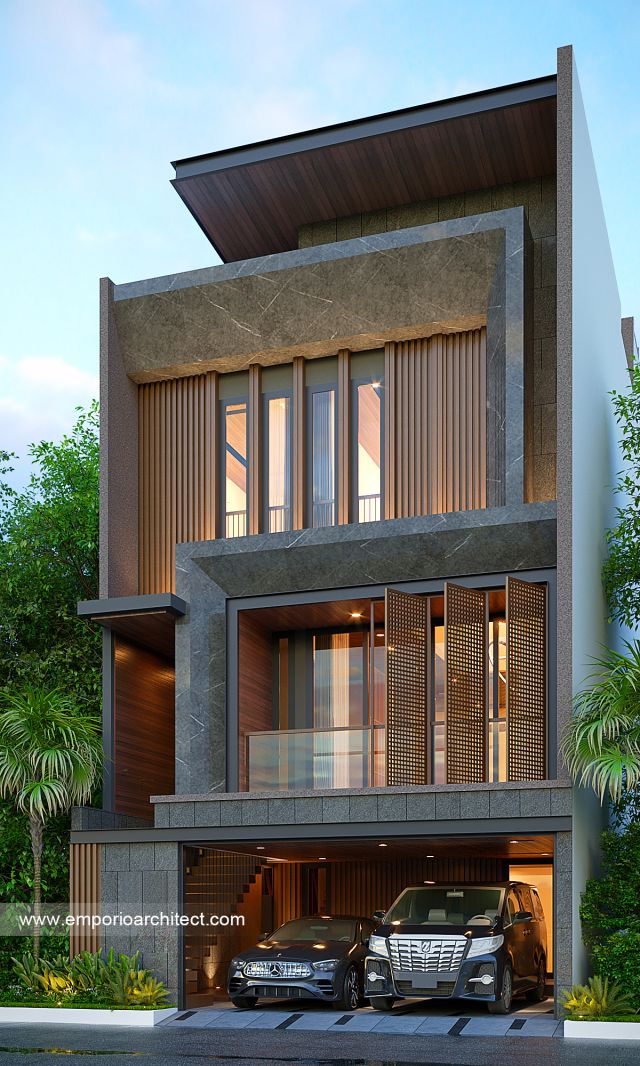 Desain Tampak Depan 2 Rumah Modern 4 Lantai Bapak TDD di Jakarta Timur