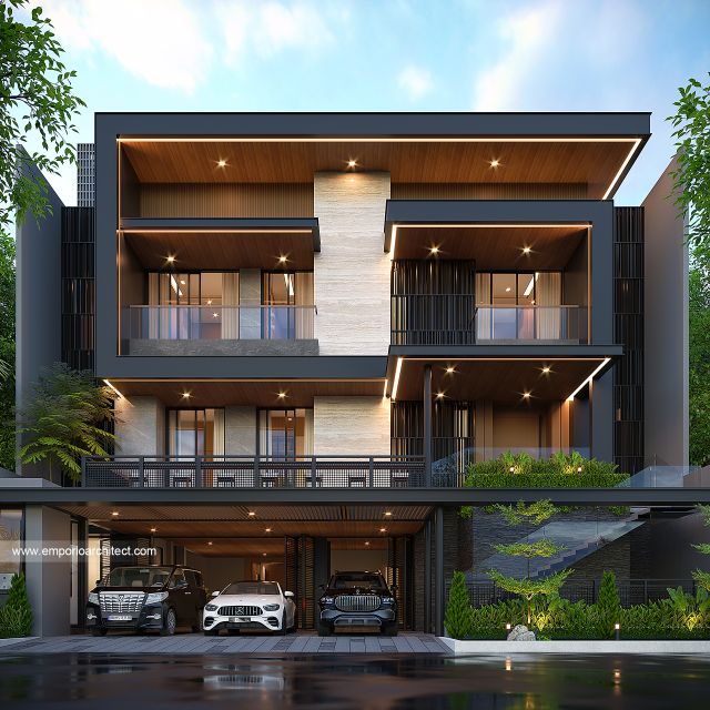 Desain Tampak Depan 3 Rumah Modern 4 Lantai Ibu MR di Kelapa Gading, Jakarta Utara