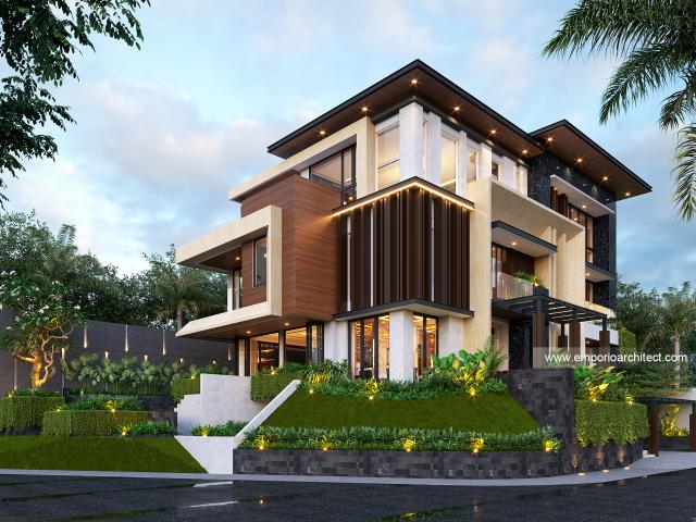 Desain Tampak Hook Rumah Modern 4 Lantai Bapak MCL di BSD, Tangerang Selatan, Banten