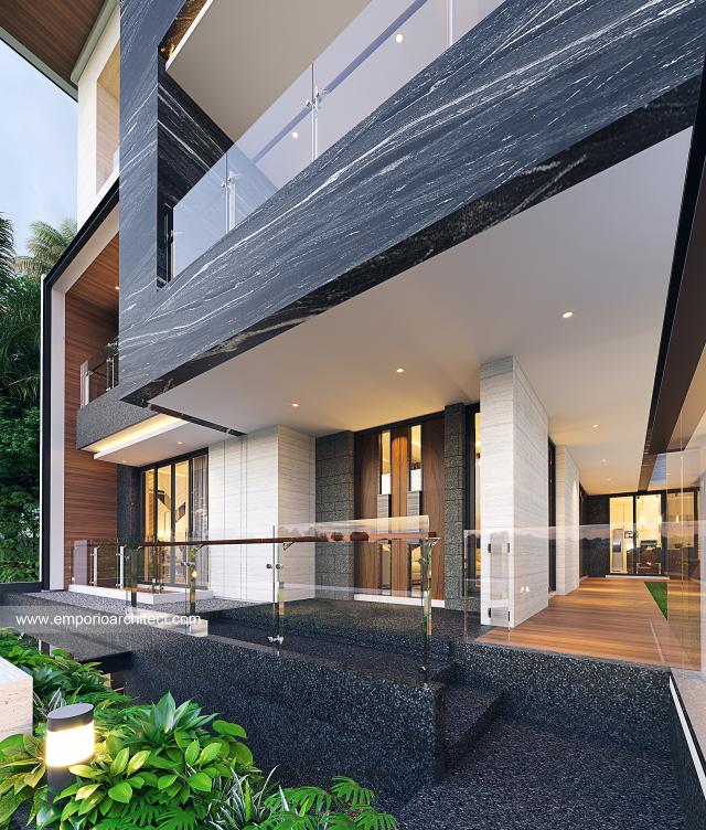 Desain Tampak Detail Depan 2 Rumah Modern 4 Lantai Bapak Kasim di Jakarta