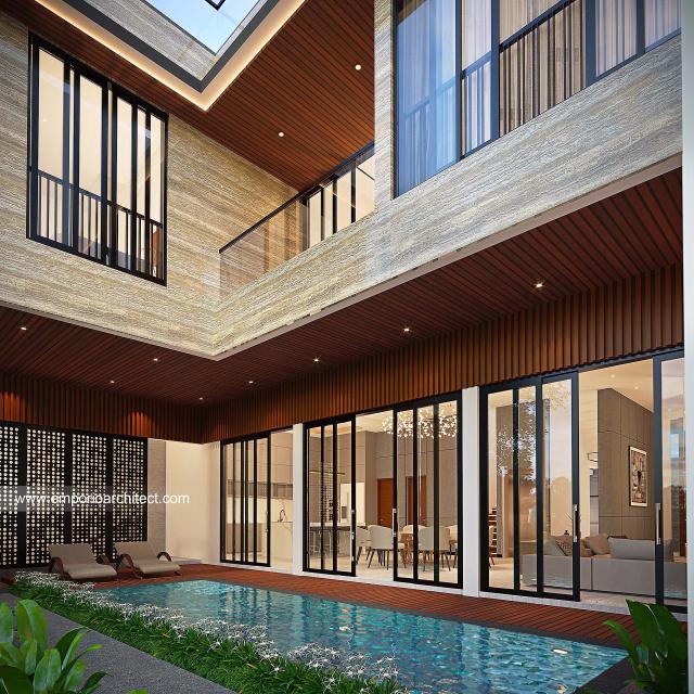 Desain Tampak Detail Belakang Rumah Modern 4 Lantai Ibu RNI di Jakarta