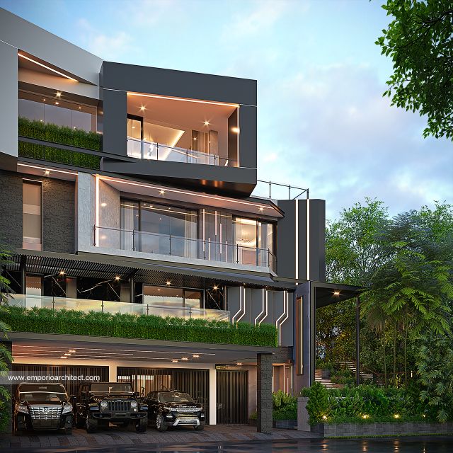 Desain Tampak Depan 3 Rumah Modern 4 Lantai Ibu A di BSD, Tangerang Selatan