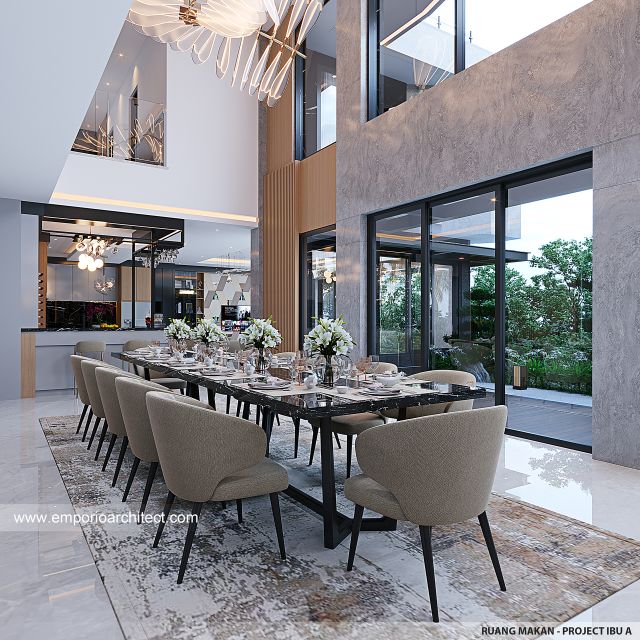 Desain Ruang Makan Rumah Modern 4 Lantai Ibu A di BSD, Tangerang Selatan