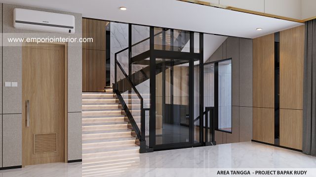 Desain Area Tangga Rumah Modern 4.5 Lantai Bapak RSH di PIK, Jakarta Utara