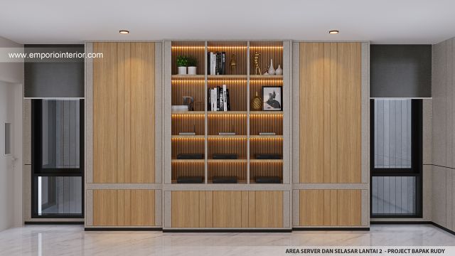 Desain Area Server dan Selasar Lantai 2 Rumah Modern 4.5 Lantai Bapak RSH di PIK, Jakarta Utara