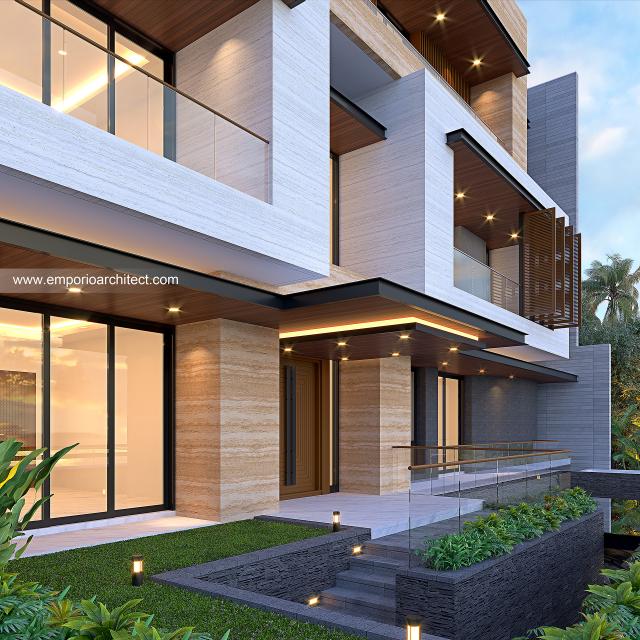 Desain Tampak Detail Depan Rumah Modern 4.5 Lantai Bapak RSH di PIK, Jakarta Utara