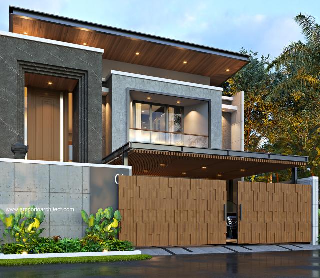 Desain Tampak Depan Dengan Pagar Rumah Modern Industrial 2 Lantai Ibu DYV di Bali