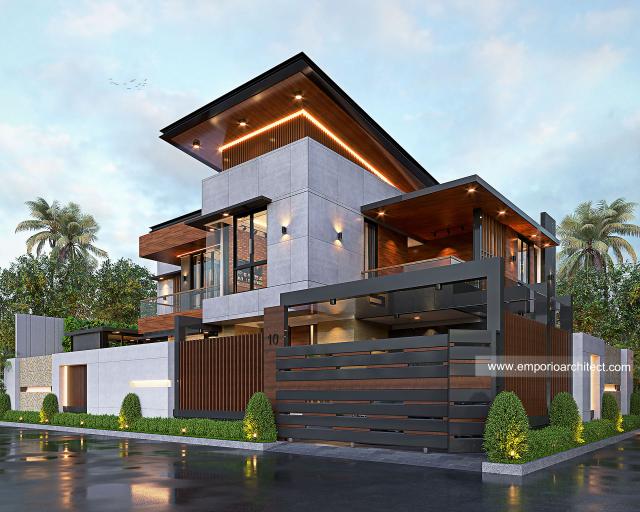 Desain Tampak Hook Dengan Pagar Rumah Modern Industrial 2 Lantai Mr. MD di Jember, Jawa Timur