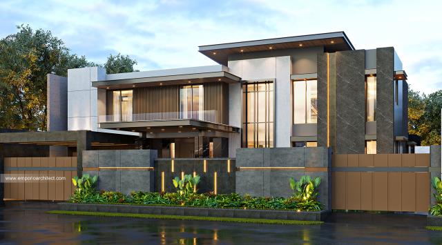 Desain Tampak Depan Dengan Pagar Rumah Modern Industrial 2 Lantai Bapak FCR di Banten