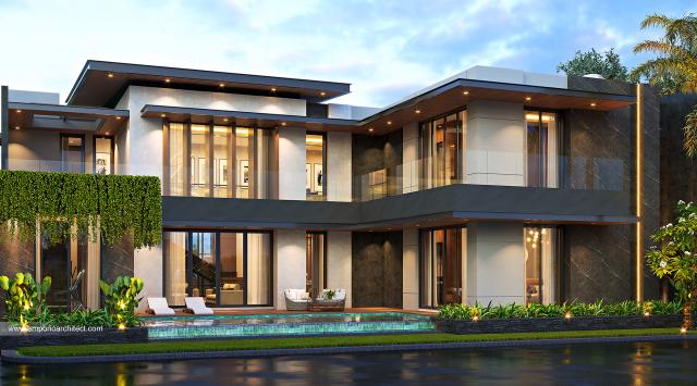 Desain Tampak Belakang Rumah Modern Industrial 2 Lantai Bapak FCR di Banten