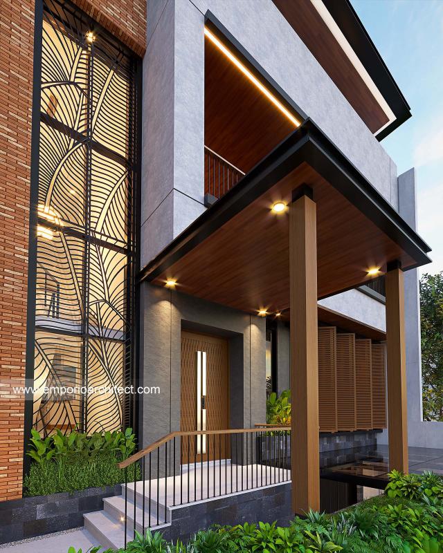 Desain Tampak Detail Depan 2 Rumah Modern Industrial 3 Lantai Ibu SHR di Cibubur, Jakarta Timur