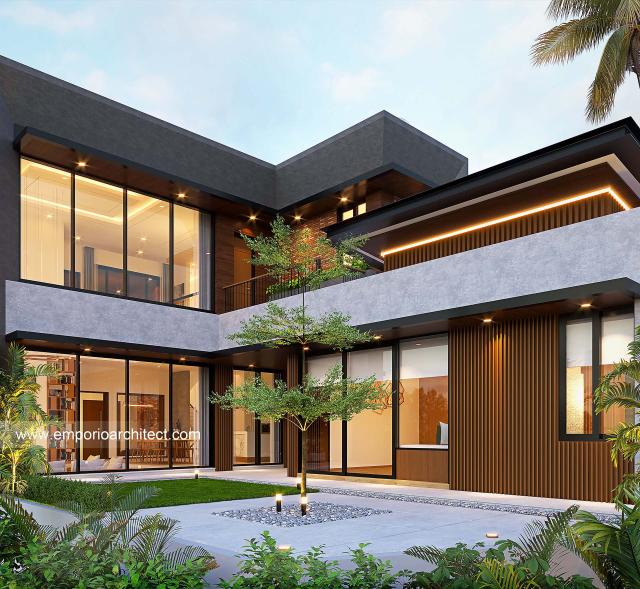 Desain Tampak Belakang Rumah Modern Industrial 3 Lantai Ibu SHR di Cibubur, Jakarta Timur