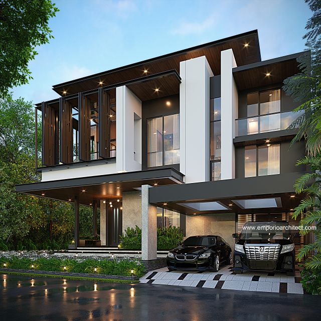 Desain Tampak Depan 2 Rumah Modern Industrial 3 Lantai Bapak AD di BSD, Tangerang Selatan