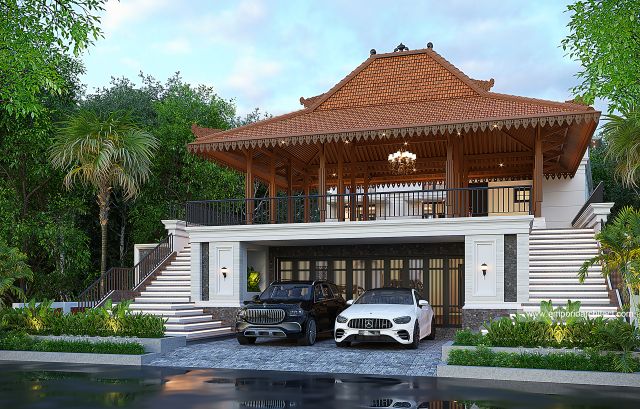 Desain Tampak Depan 2 Rumah Modern Klasik 3 Lantai Bapak NVN di Bogor