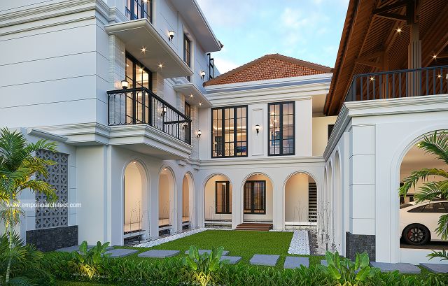 Desain Tampak Detail Samping Rumah Modern Klasik 3 Lantai Bapak NVN di Bogor