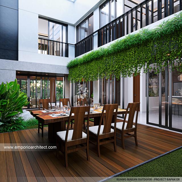 Desain Ruang Makan Outdoor Rumah Modern Minimalis 3 Lantai Bapak ER di Bogor