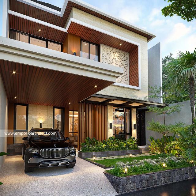 Desain Tampak Detail Depan Rumah Modern Villa Bali 2 Lantai Ibu YNN di Sunter, Jakarta Utara