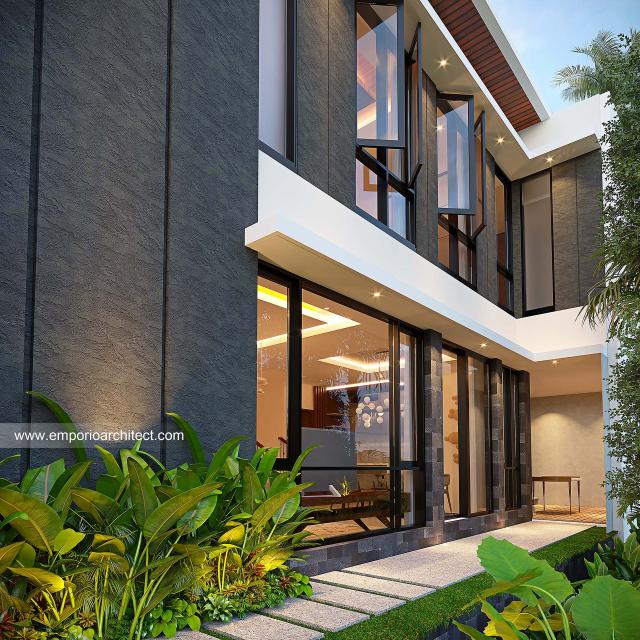 Desain Tampak Detail Samping Rumah Modern Villa Bali 2 Lantai Ibu YNN di Sunter, Jakarta Utara