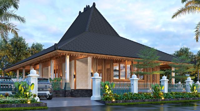 Desain Tampak Hook Dengan Pagar Rumah Tradisional Ndalem Retno 1 Lantai di Yogyakarta