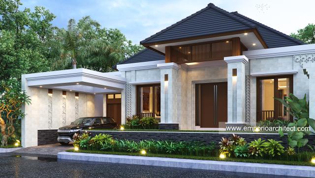 Desain Tampak Depan Kanan Rumah Villa Bali 1 Lantai Bapak BRM di Pekanbaru, Riau