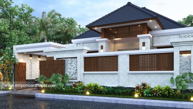 Desain Tampak Depan Dengan Pagar Rumah Villa Bali 1 Lantai Bapak BRM di Pekanbaru, Riau