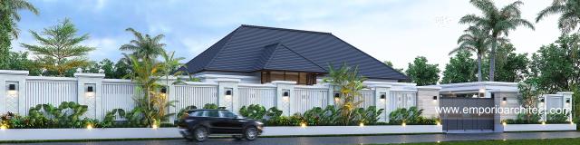 Desain Tampak Depan Dengan Pagar Rumah Villa Bali 1 Lantai Bapak BNY di Gorontalo