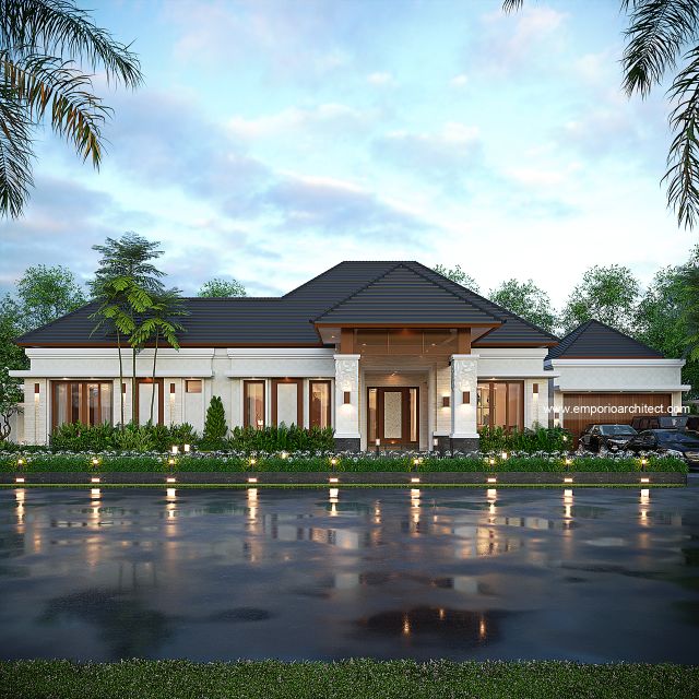 Desain Tampak Depan Rumah Villa Bali 1 Lantai Bapak DDN di Karawang, Jawa Barat