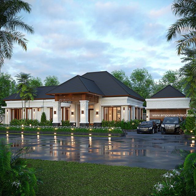 Desain Tampak Depan 2 Rumah Villa Bali 1 Lantai Bapak DDN di Karawang, Jawa Barat