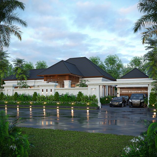 Desain Tampak Depan Dengan Pagar Rumah Villa Bali 1 Lantai Bapak DDN di Karawang, Jawa Barat