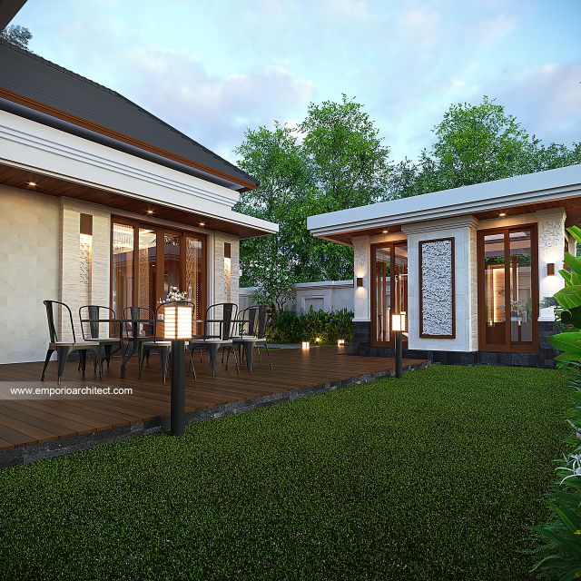 Desain Tampak Detail Belakang Rumah Villa Bali 1 Lantai Bapak DDN di Karawang, Jawa Barat