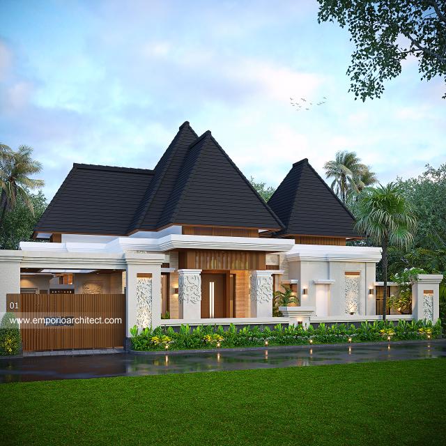 Desain Tampak Depan Dengan Pagar Rumah Villa Bali 1 Lantai Bapak AR di Pekanbaru