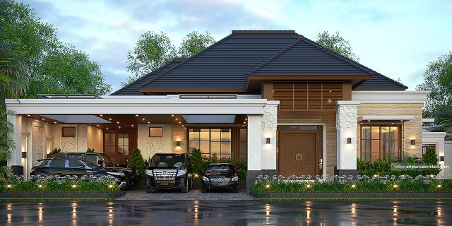 Desain Tampak Depan 2 Rumah Villa Bali 1 Lantai Bapak A di Riau