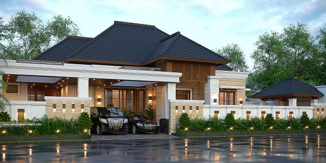 Desain Tampak Depan Dengan Pagar Rumah Villa Bali 1 Lantai Bapak A di Riau