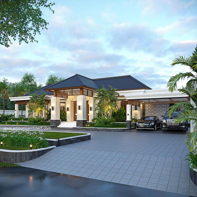 Desain Tampak Depan 2 Rumah Villa Bali 1 Lantai Ibu WN di Sragen, Jawa Tengah