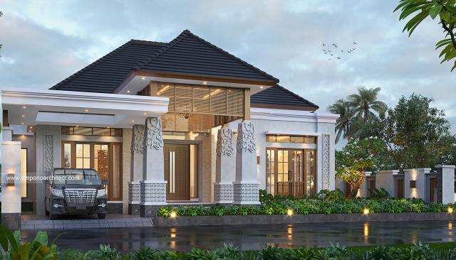 Desain Tampak Depan Rumah Villa Bali 1 Lantai Ibu RSE di Bengkulu